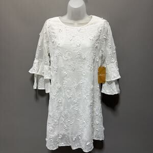 NWT White Micro Floral Embroidered Shift Dress Sz S Bride Bridal Shower Feminine